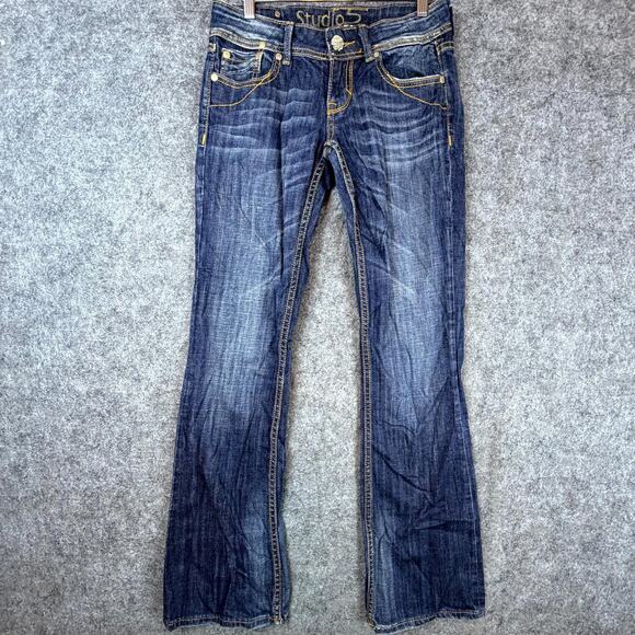 Studio 5 Bootcut Jeans Womens 3 Blue Y2K Flap Pocket Studded Embroidered Stretch - Picture 2 of 11